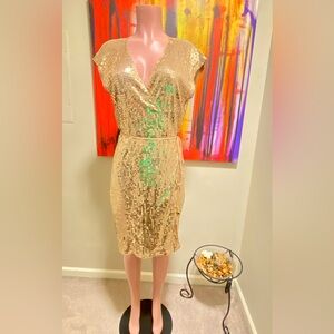 HOLIDAY PARTY MUST! MICHAEL KORS GOLD SEQUIN WRAP DRESS S: L W/SIGNATURE TIE